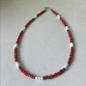 Handmade Red and White Beaded Necklace